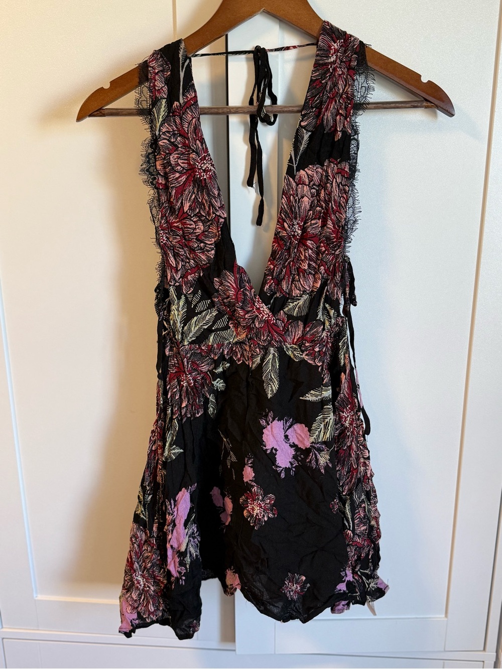 Free People Black Backless Floral V-Neck Dress with Pink & Red Blooms